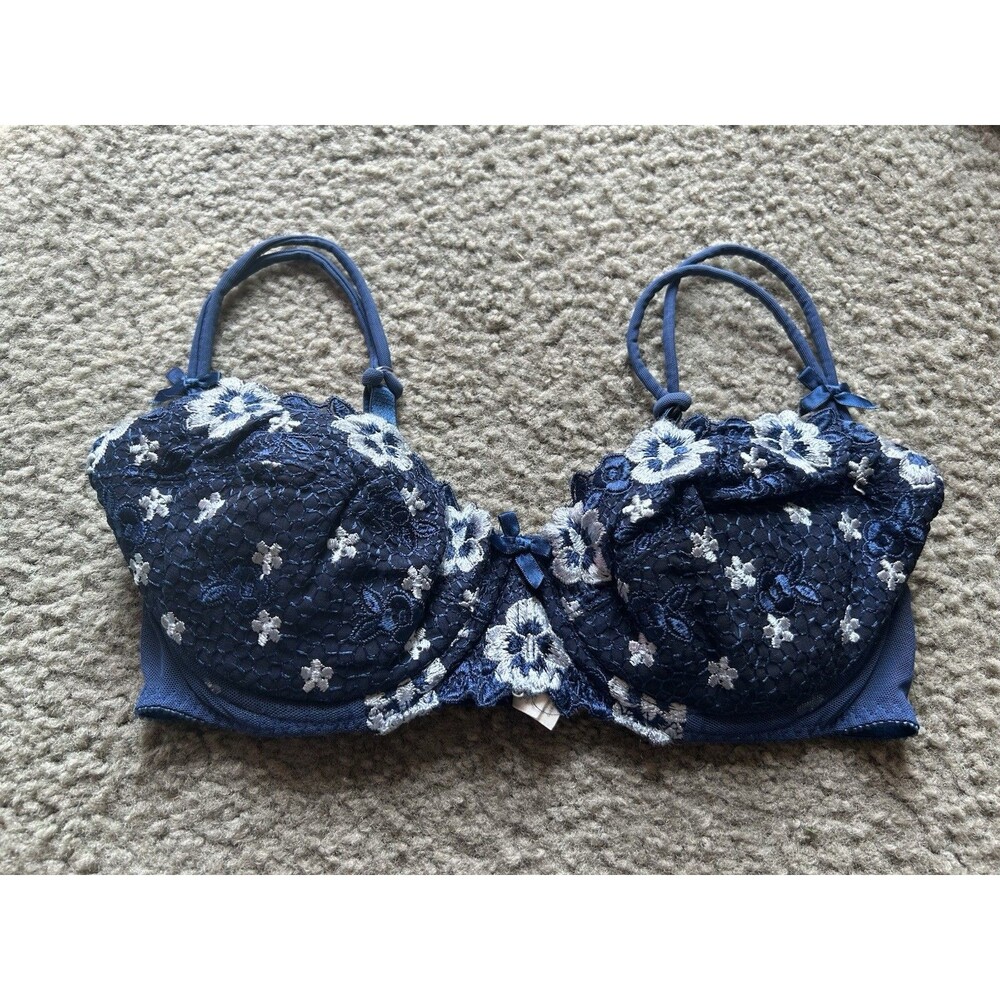 Victorias Secret Wire Bra Navy Blue Floral Lacey Sz 36B